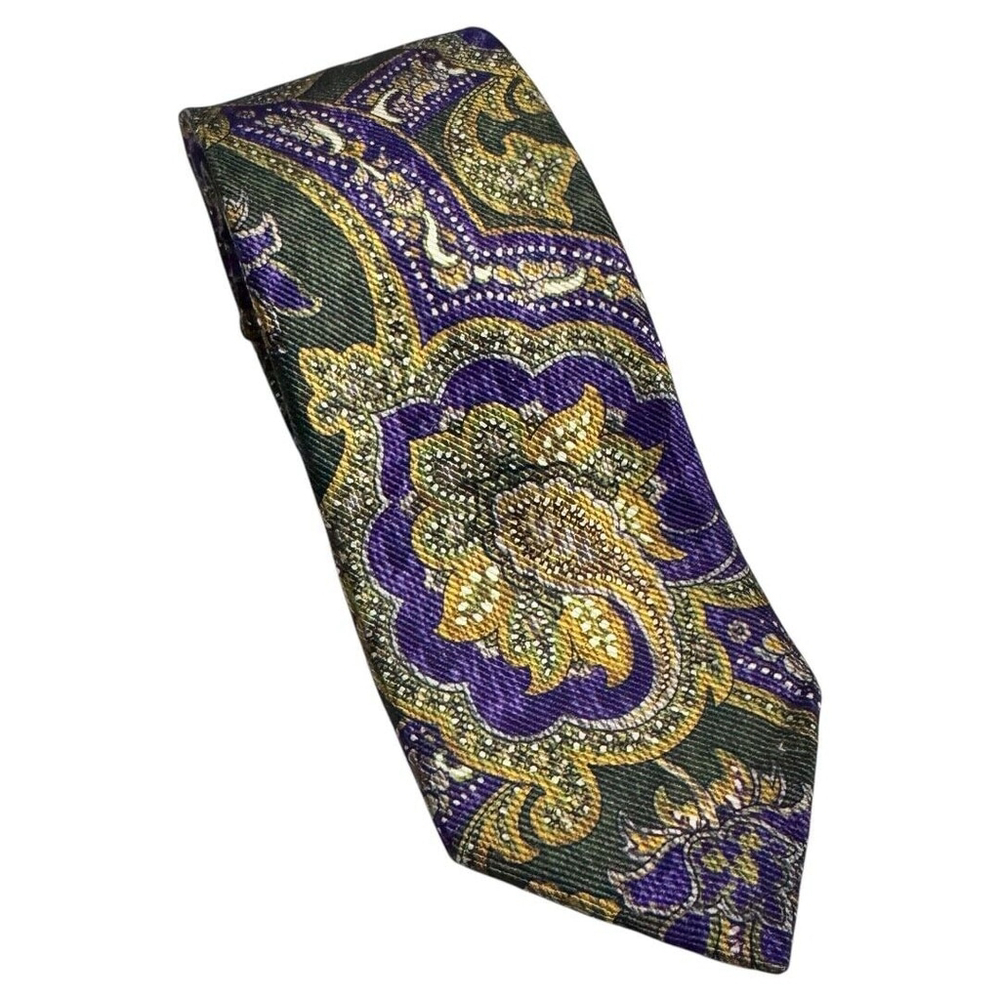 Vintage Robert Talbott Handblock Silk Necktie‎ green/purple design